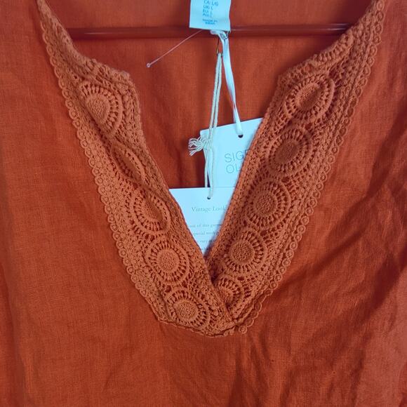New Sigrid Olsen orange linen tunic top Size Large crocheted lace Lagenlook Boho - Picture 4 of 9